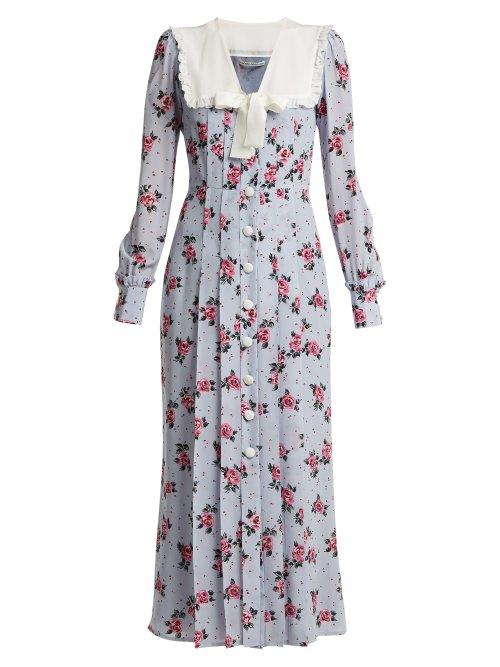 Matchesfashion.com Alessandra Rich - Rose Print Frill Trimmed Silk Dress - Womens - Light Purple