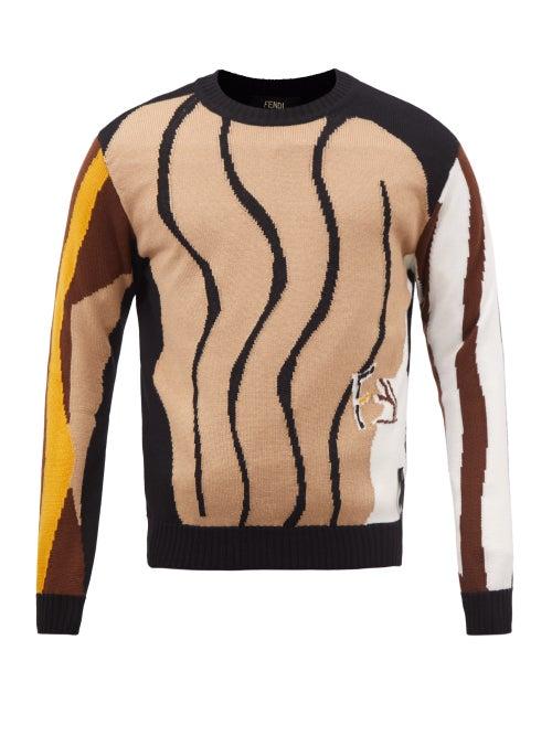 Fendi - Fragment-jacquard Wool Sweater - Mens - Brown Multi