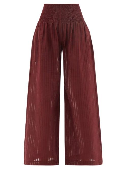 Three Graces London - Barbara Shirred Sheer-stripe Cotton-blend Trousers - Womens - Burgundy
