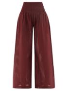 Three Graces London - Barbara Shirred Sheer-stripe Cotton-blend Trousers - Womens - Burgundy