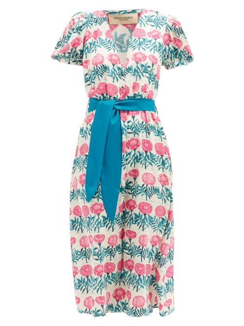 Matchesfashion.com Adriana Degreas - Puff-sleeve Belted Floral-print Silk Midi Dress - Womens - Pink Print