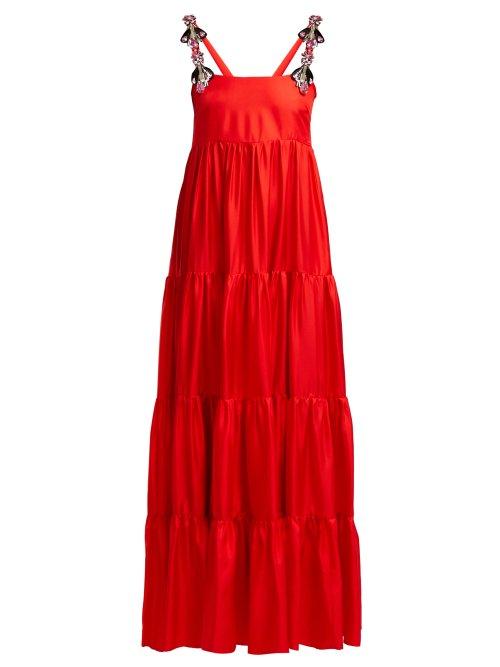 Matchesfashion.com La Doublej - Bouncy Crystal Embellished Tiered Silk Dress - Womens - Red