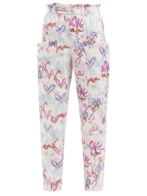 Matchesfashion.com Isabel Marant - Enucie Graffiti Heart-print Linen-blend Trousers - Womens - White Print