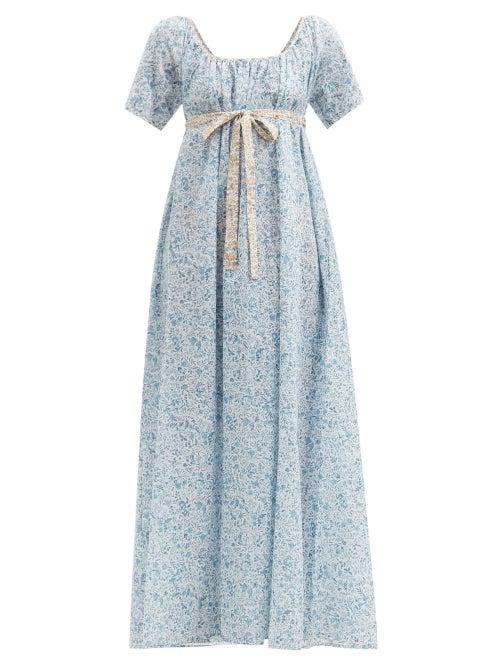 Matchesfashion.com Thierry Colson - Plum Empire-line Floral Cotton-poplin Maxi Dress - Womens - Blue Print