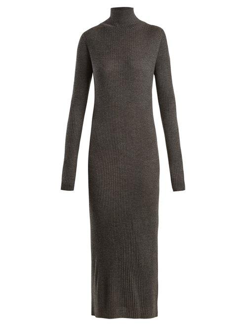 Matchesfashion.com Raey - Roll Neck Ribbed Fine Knit Cashmere Dress - Womens - Charcoal