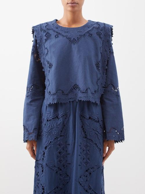 Sea - Anita Broderie-anglaise Cotton-blend Top - Womens - Dark Navy