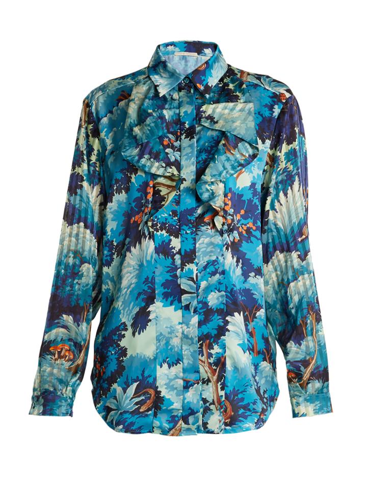 Marco De Vincenzo Painterly-print Ruffle-trim Satin Shirt