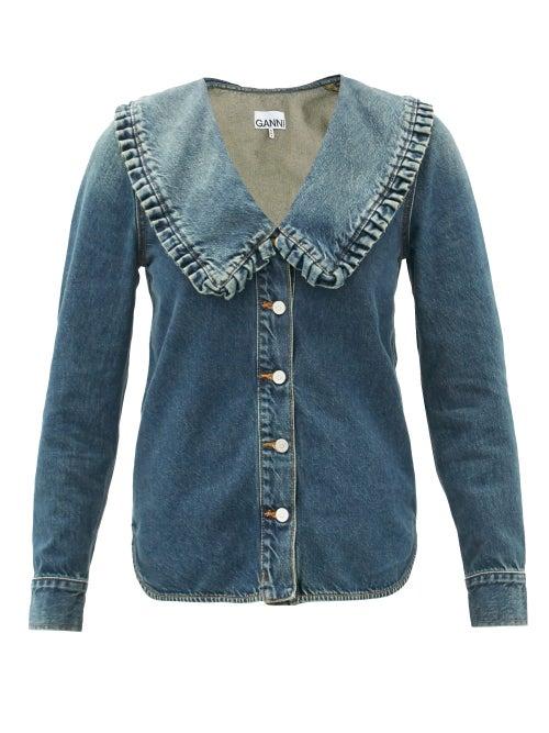 Matchesfashion.com Ganni - Ruffled-collar Denim Shirt - Womens - Denim