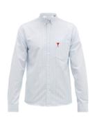 Matchesfashion.com Ami - Logo Embroidered Striped Cotton Oxford Shirt - Mens - Light Blue