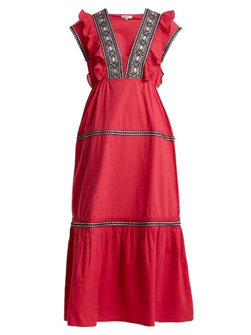 Matchesfashion.com Daft - Bodrum V Neck Ruffle Trimmed Cotton Dress - Womens - Red Multi