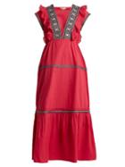 Matchesfashion.com Daft - Bodrum V Neck Ruffle Trimmed Cotton Dress - Womens - Red Multi