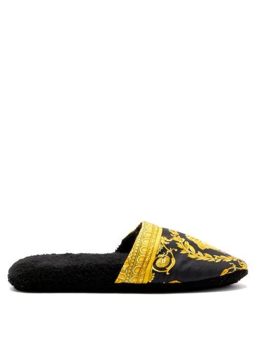 Matchesfashion.com Versace - Baroque Print Cotton Terry Slippers - Mens - Black Gold