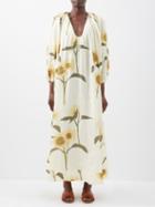 Bernadette - Georgette Sunflower-print Linen Dress - Womens - Cream Multi