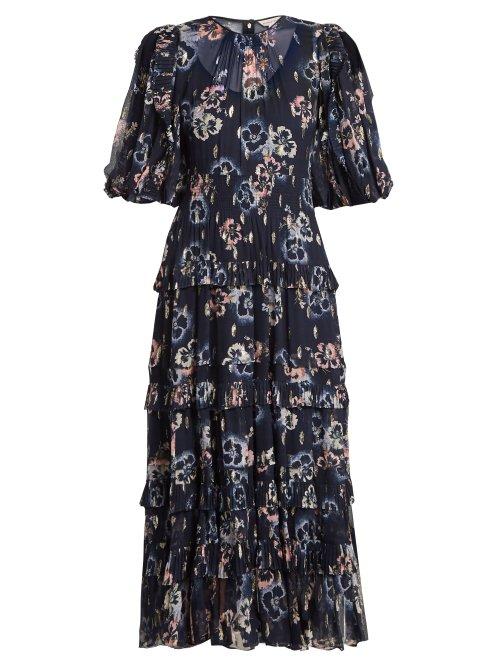 Matchesfashion.com Rebecca Taylor - Floral Print Crepe Midi Dress - Womens - Navy Multi