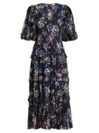 Matchesfashion.com Rebecca Taylor - Floral Print Crepe Midi Dress - Womens - Navy Multi
