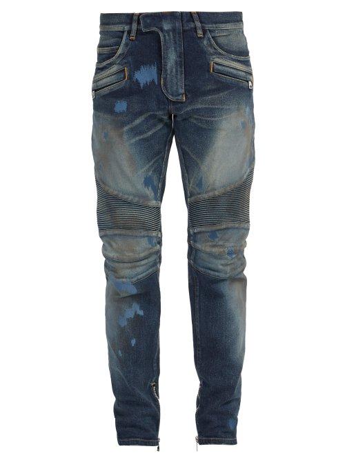 Matchesfashion.com Balmain - Stonewashed Distressed Biker Jeans - Mens - Blue