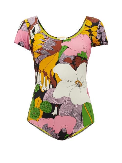 Matchesfashion.com La Doublej - Short-sleeved Big Flower-print Swimsuit - Womens - Pink Print