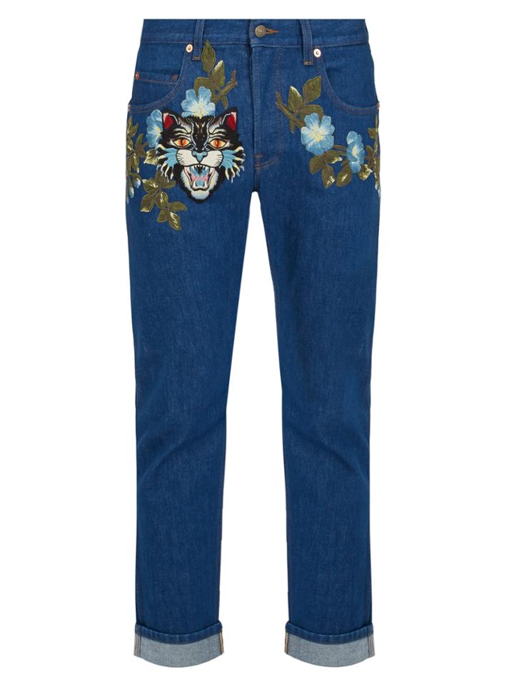 Gucci Floral-embroidered Mid-rise Tapered-leg Jeans