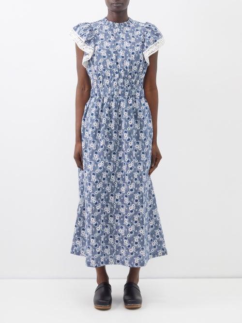 Sea - Josefine Floral-print Flutter-sleeve Dress - Womens - Blue Print