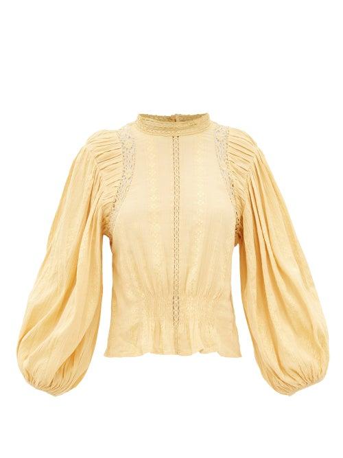 Isabel Marant Toile - Jassie Lace-trimmed Pleated-cotton Blouse - Womens - Yellow