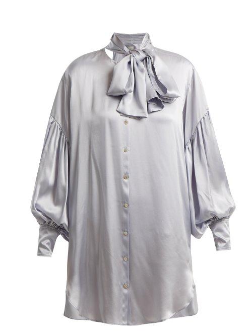 Matchesfashion.com Hillier Bartley - Balloon Sleeve Oversized Silk Shirtdress - Womens - Grey