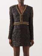 Balmain - Chain-embellished Sequinned Mini Dress - Womens - Black