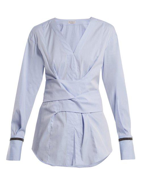 Matchesfashion.com Brunello Cucinelli - Embellished Cuff Stretch Cotton Wrap Top - Womens - Blue