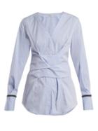 Matchesfashion.com Brunello Cucinelli - Embellished Cuff Stretch Cotton Wrap Top - Womens - Blue