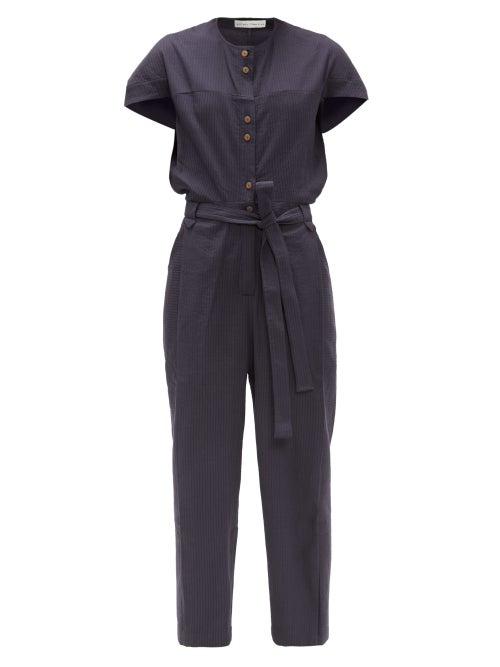 Matchesfashion.com Palmer//harding - Leston Stripe-jacquard Cotton-blend Jumpsuit - Womens - Navy