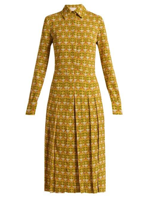 Matchesfashion.com La Doublej - Chemisier Libellule Print Pleated Shirtdress - Womens - Yellow Multi