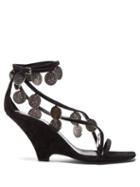 Matchesfashion.com Saint Laurent - Kim Coin Embellished Suede Wedge Sandals - Womens - Black