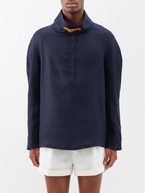 Giuliva Heritage - Raff Half-button Linen Shirt - Mens - Navy