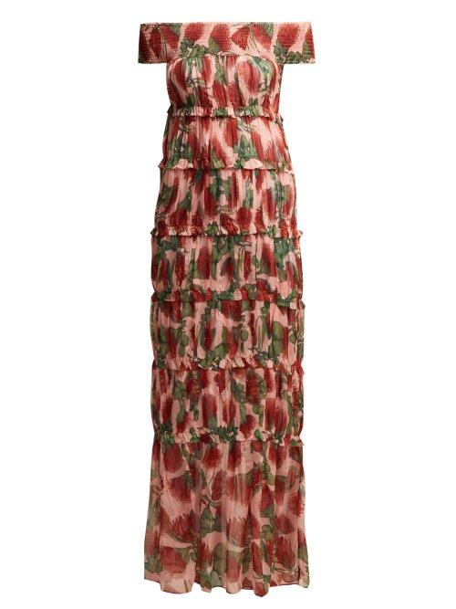 Matchesfashion.com Adriana Degreas - Fiore Protea Print Tiered Silk Maxi Dress - Womens - Pink Print