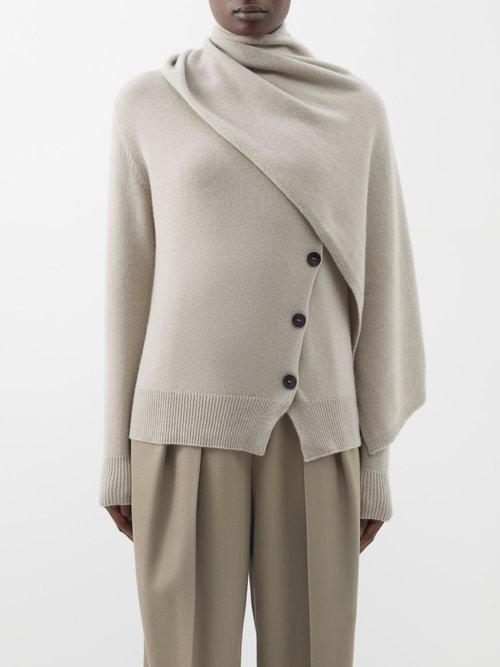 Arch4 - Scarf-neckline Asymmetric Cashmere Cardigan - Womens - Taupe