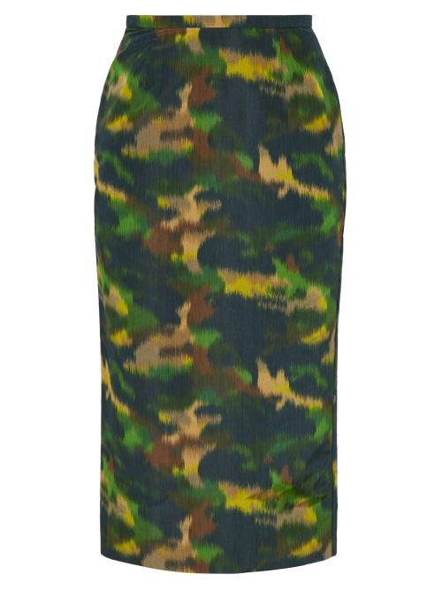 Matchesfashion.com Rochas - Camouflage Print Cotton Blend Taffeta Pencil Skirt - Womens - Green Multi