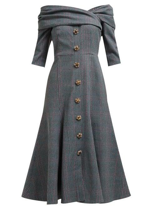 Matchesfashion.com Erdem - Iman Off The Shoulder Plaid Twill Midi Dress - Womens - Grey Multi