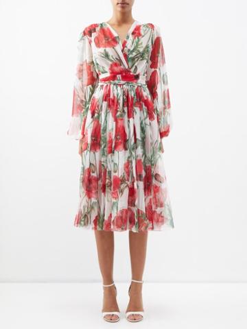 Dolce & Gabbana - Happy Garden Poppy-print Silk-chiffon Midi Dress - Womens - Red Print