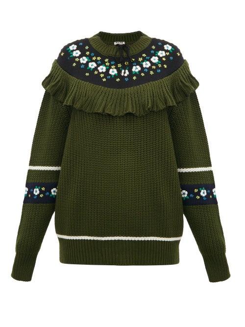 Matchesfashion.com Miu Miu - Floral Embroidered Wool Sweater - Womens - Green Multi
