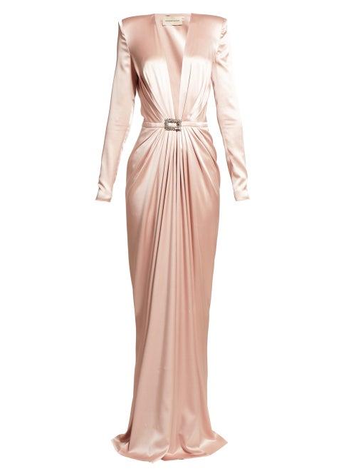 Matchesfashion.com Alexandre Vauthier - Crystal Buckle Satin Gown - Womens - Light Pink