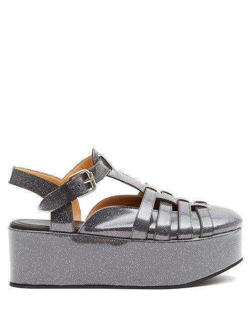 Loewe - Glitter-leather Flatform Wedge Sandals - Womens - Black