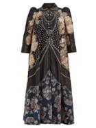 Matchesfashion.com Biyan - Ramadini Floral Appliqu Satin Coat - Womens - Black Blue