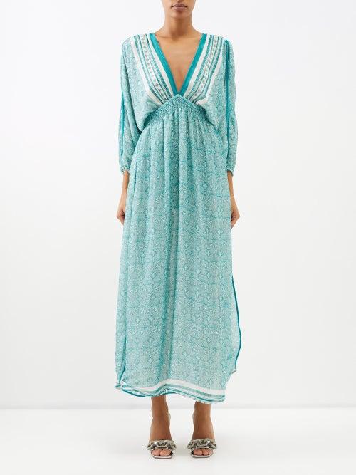 Lolita Jaca - Ibiza Plunge-front Printed Silk Maxi Dress - Womens - Turquoise