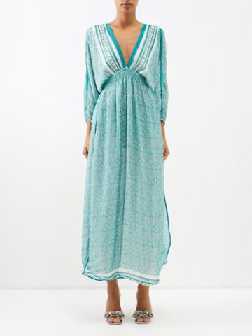 Lolita Jaca - Ibiza Plunge-front Printed Silk Maxi Dress - Womens - Turquoise