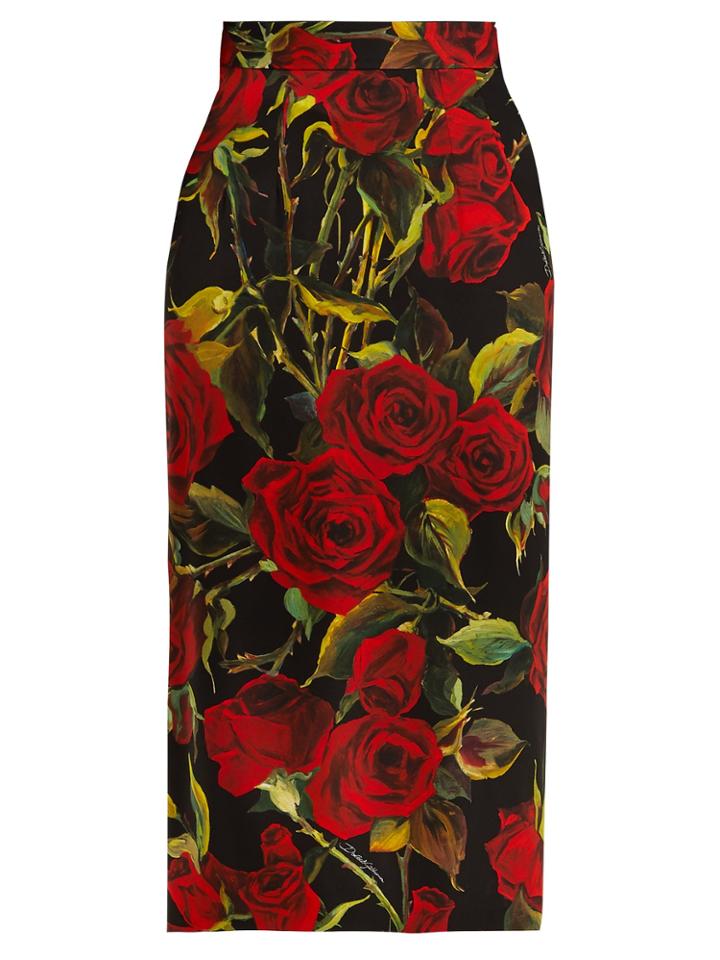 Dolce & Gabbana Rose-print Charmeuse Pencil Skirt