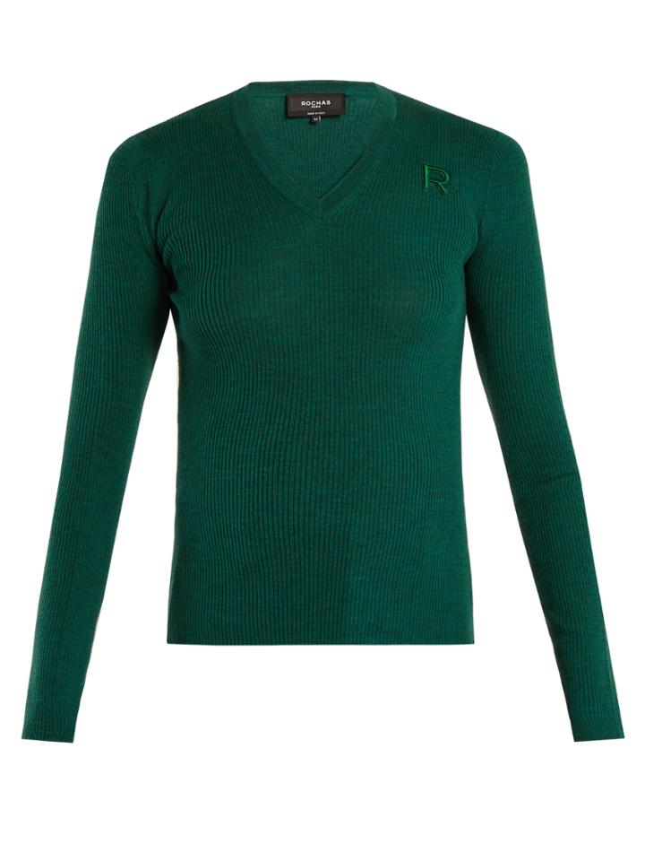 Rochas Logo-embroidered V-neck Wool Sweater