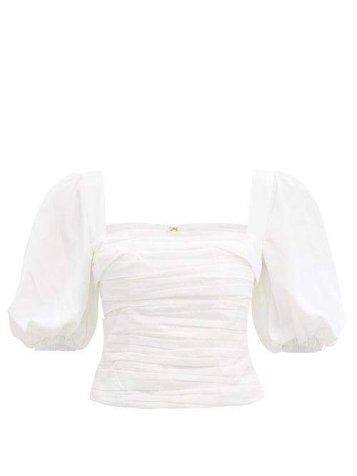 Matchesfashion.com Self-portrait - Square-neck Ruched Taffeta Top - Womens - White