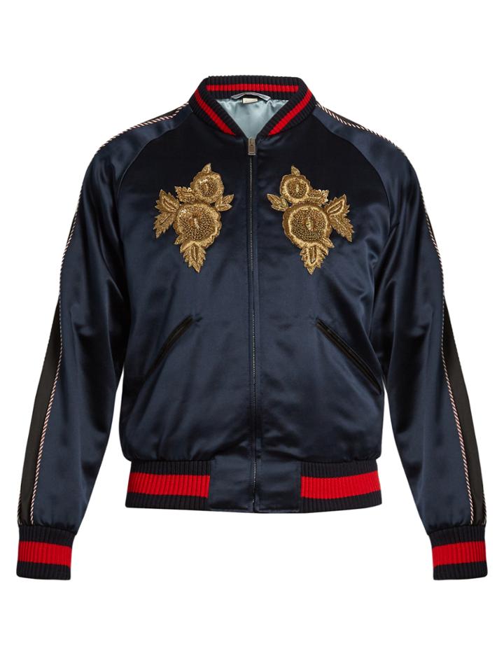 Gucci Floral-embroidered Satin Bomber Jacket
