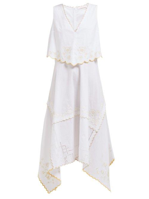 Matchesfashion.com See By Chlo - Embroidered Scallop Trim Cotton Midi Dress - Womens - Ivory