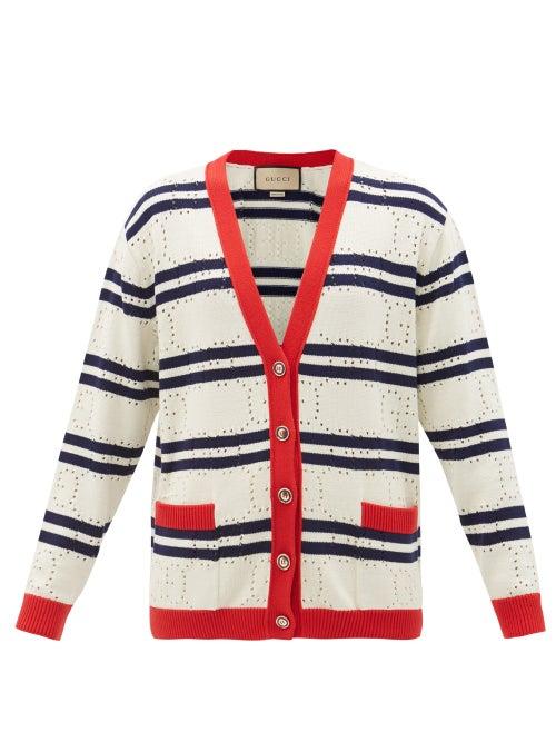 Gucci - Gg-eyelet Striped Cotton Cardigan - Womens - Blue Stripe