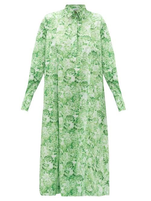Matchesfashion.com Ganni - Rose-print Cotton Shirt Dress - Womens - Green